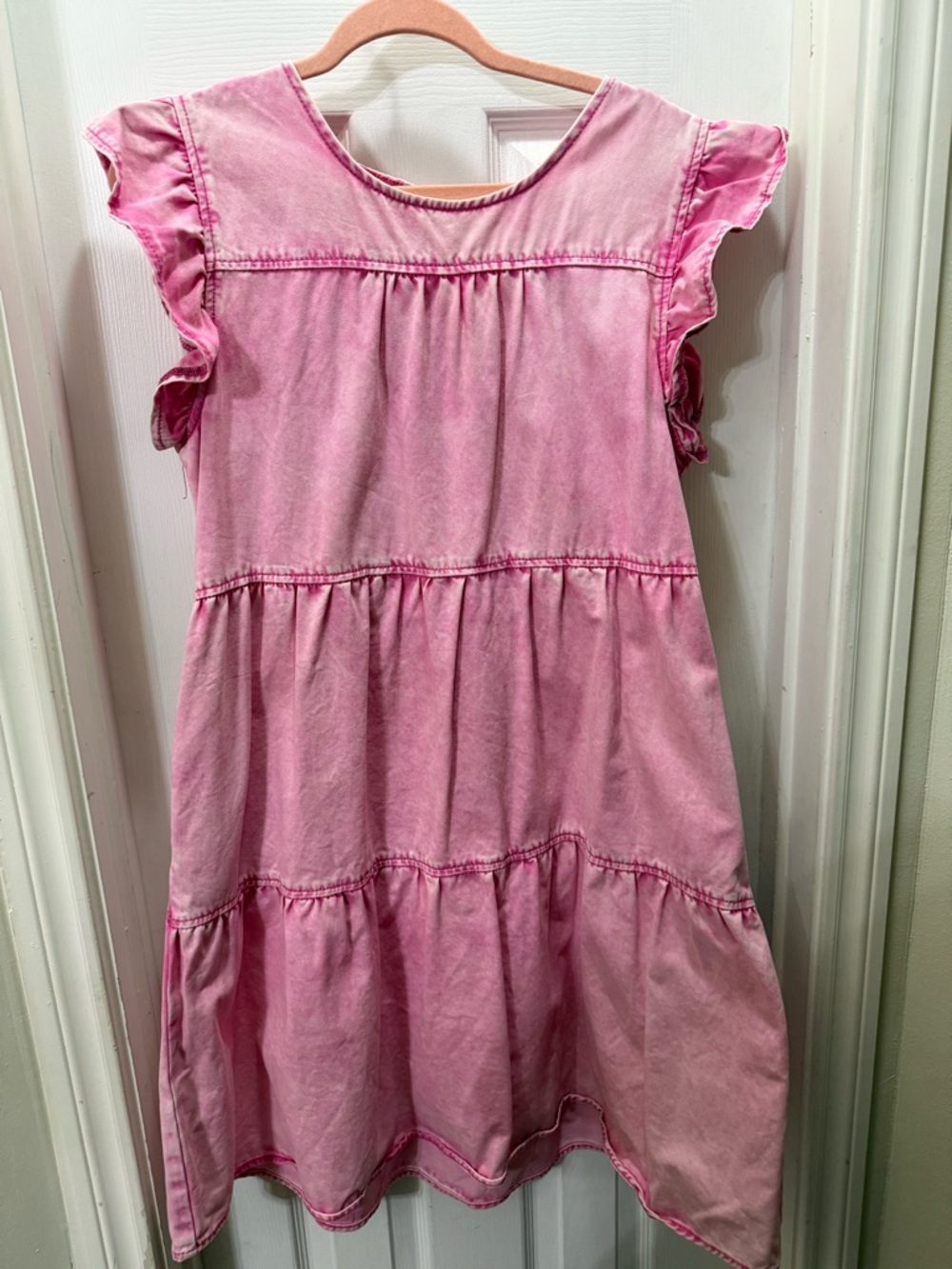 Pink Tiered jean like Dress with Ruffle Sleeves